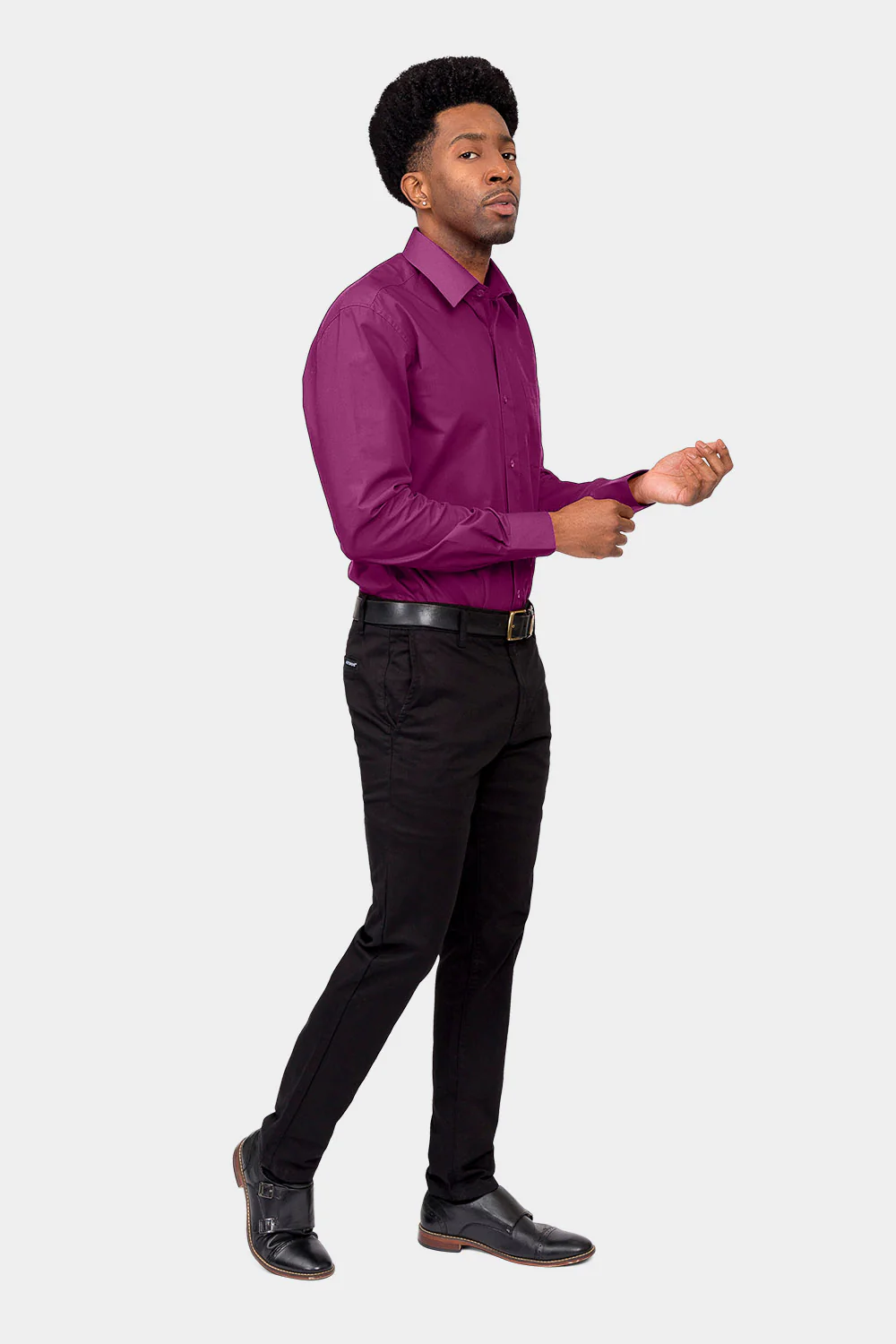 Men's Basic Solid Color Button Up Dress Shirt (Wine) - Image 6