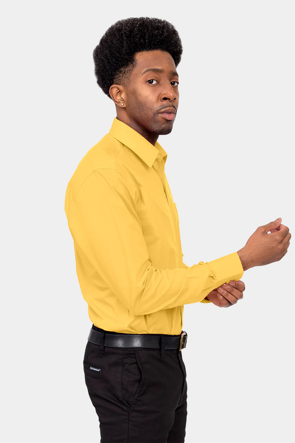 Men's Basic Solid Color Button Up Dress Shirt (Yellow) - Image 5
