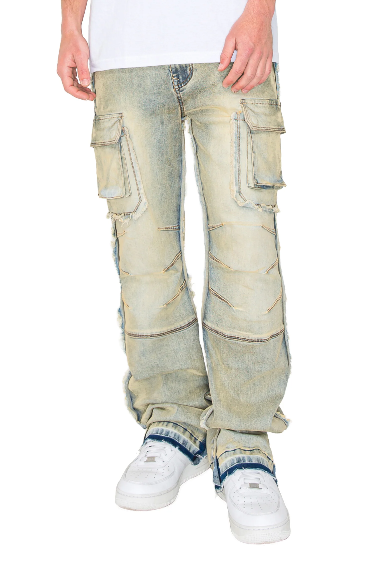 Men's Bootcut Raw Edge Double Cargo Denim Jeans - Image 2
