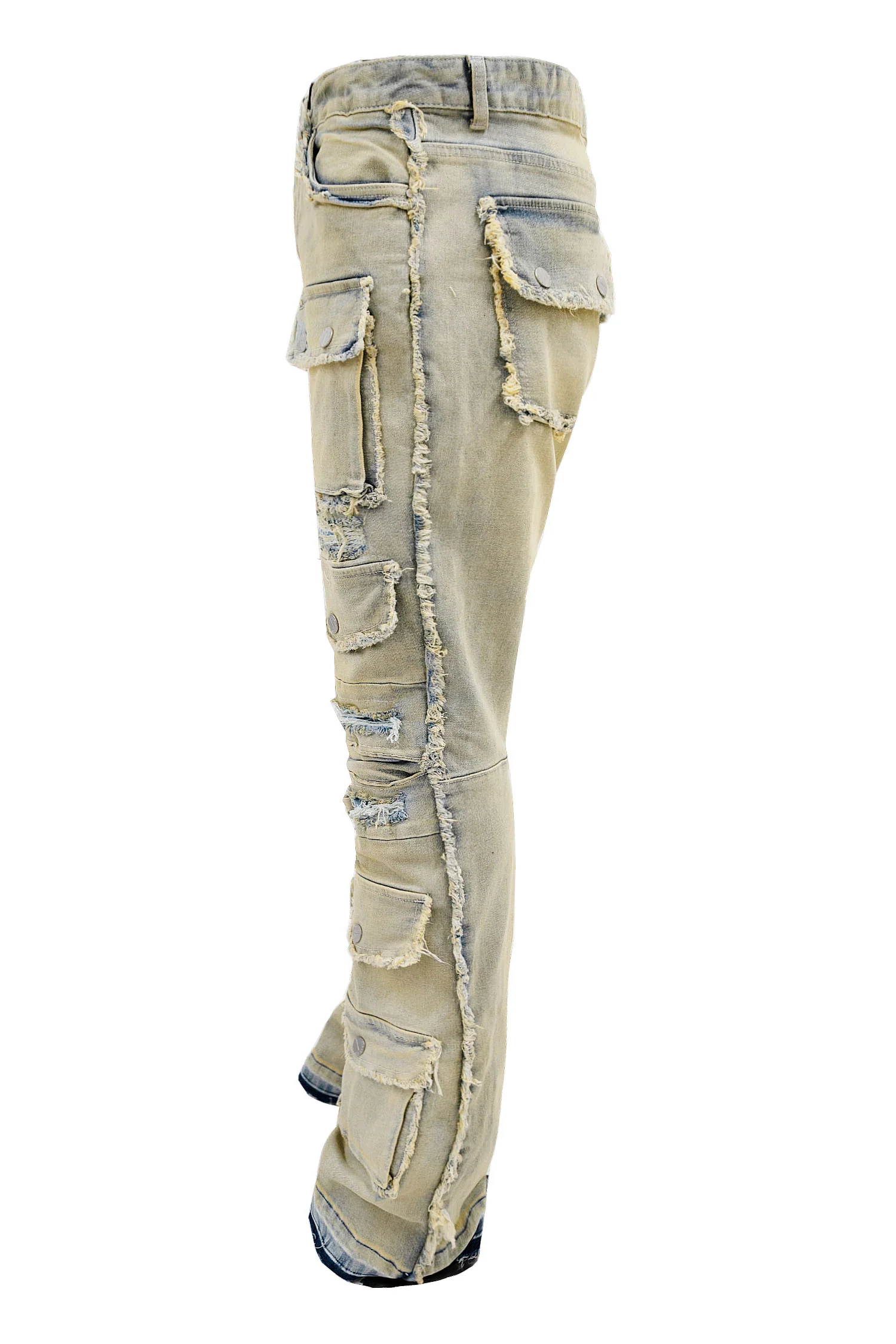 Men's Distressed Edge Cut Slim Stack Flared Cargo Jeans - Image 3