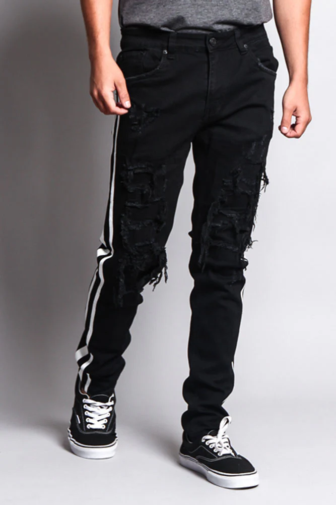 Men's Distressed Double Striped Skinny Jeans - Image 12
