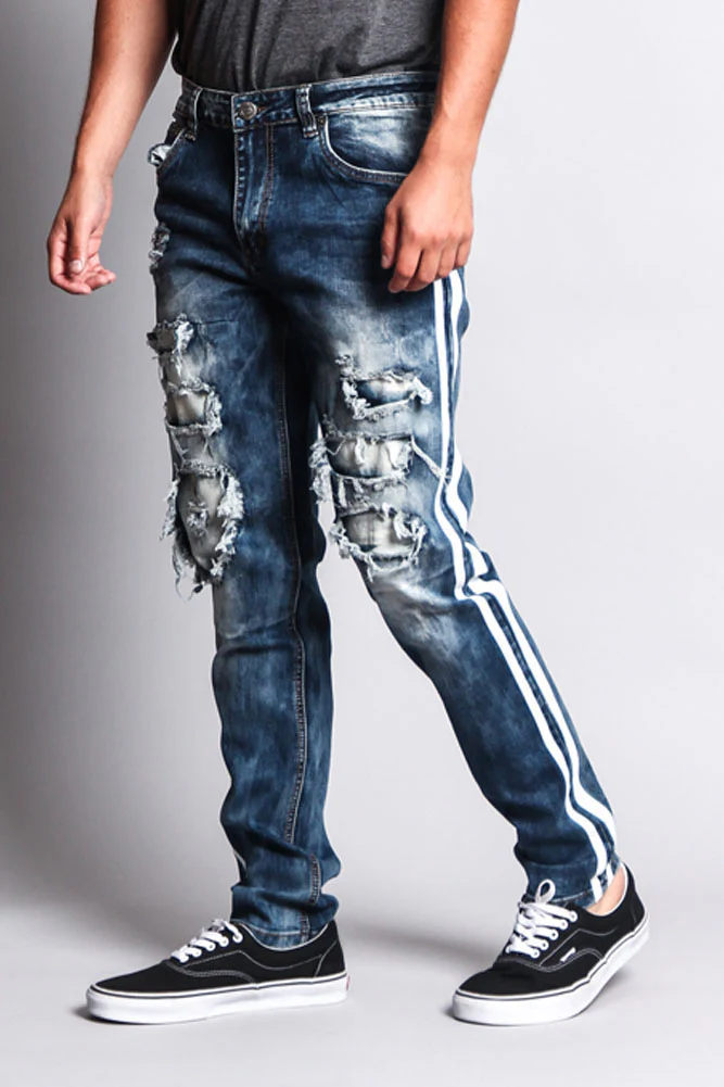 Men's Distressed Double Striped Skinny Jeans - Image 14