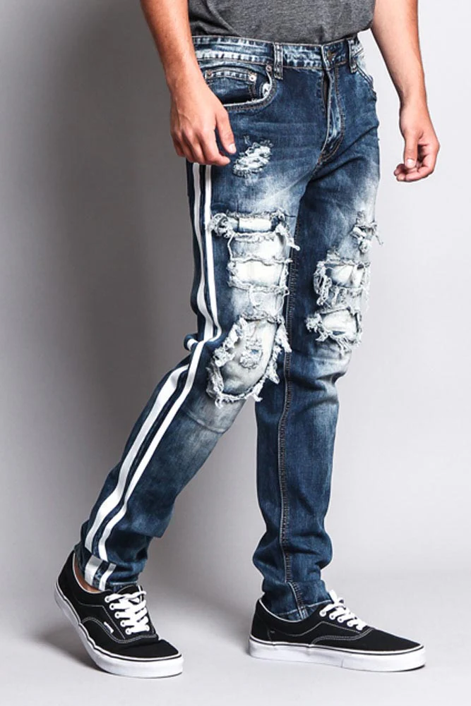 Men's Distressed Double Striped Skinny Jeans - Image 16