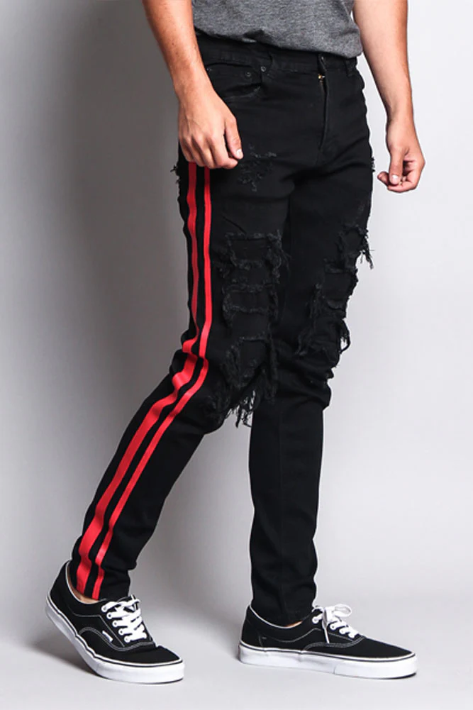 Men's Distressed Double Striped Skinny Jeans - Image 6