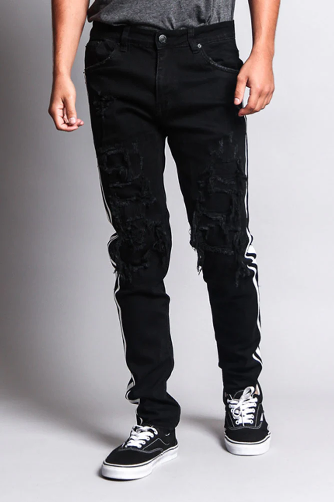 Men's Distressed Double Striped Skinny Jeans - Image 8