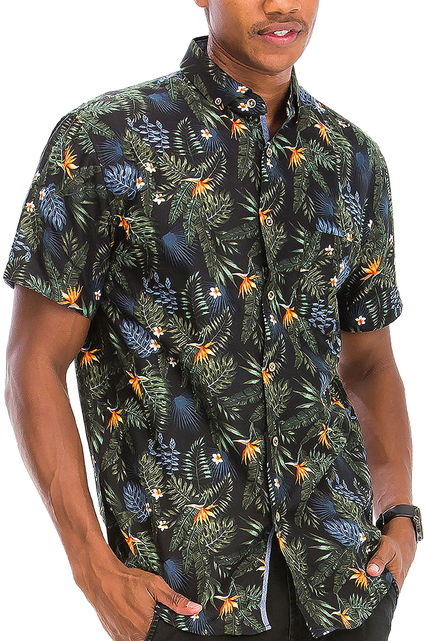 Men's Jungle Floral Print Button Down Short Sleeve Shirts - Image 5