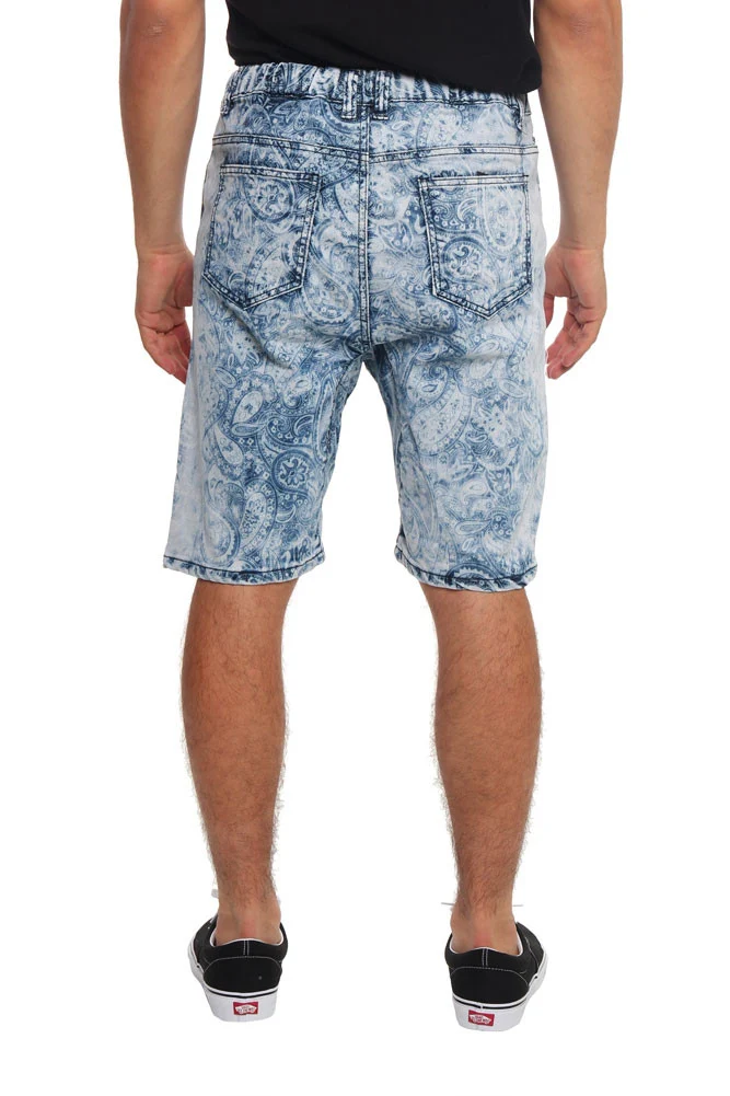 Men's Paisley Print Denim Dropcrotch Shorts - Image 3