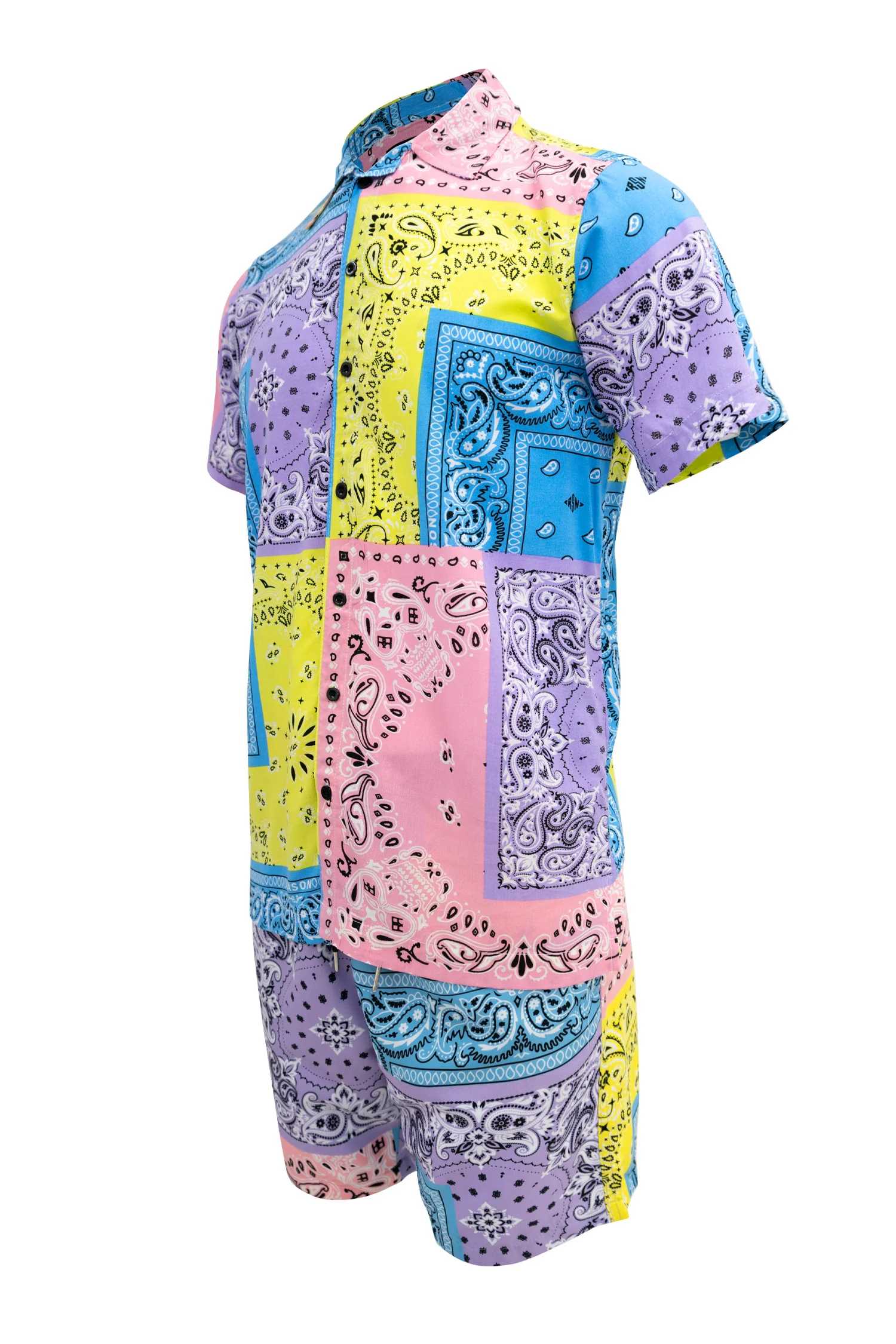 Men's Pastel Color block Bandana Shirt and Shorts Set - Image 2