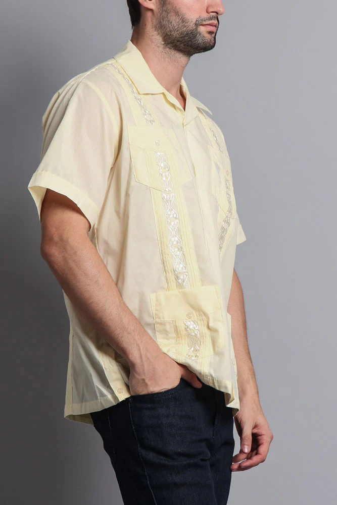 Men's Short Sleeve Cuban Style Guayabera Shirt (Contrast Light Yellow) - Image 3
