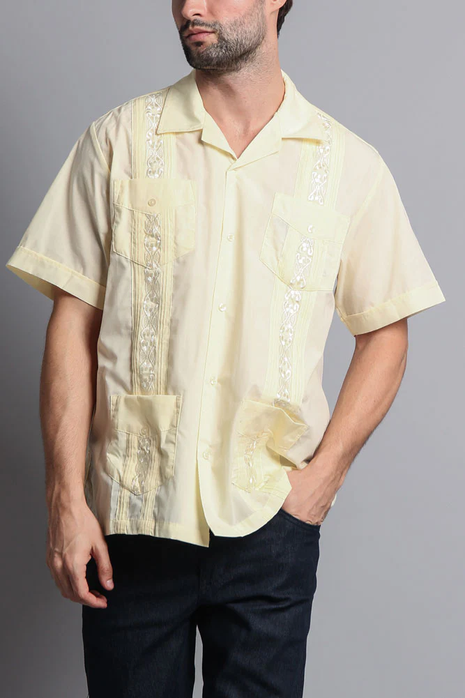 Men's Short Sleeve Cuban Style Guayabera Shirt (Contrast Light Yellow) - Image 5