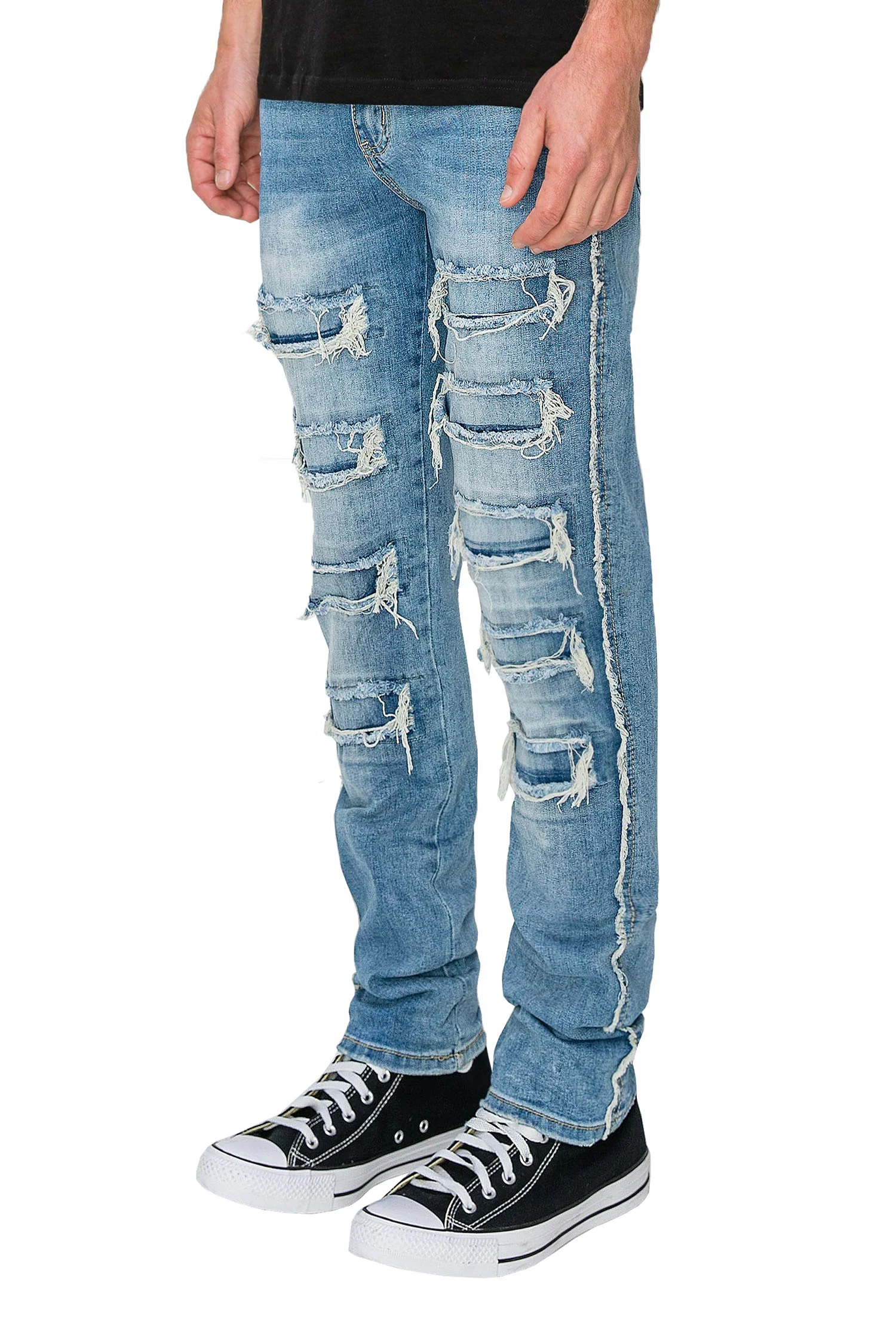 Men's Side Raw Edge Rip & Repair Denim Jeans - Image 2