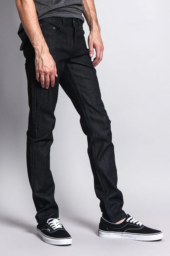 Men's Skinny Fit Raw Denim Jeans (Black) - Image 4