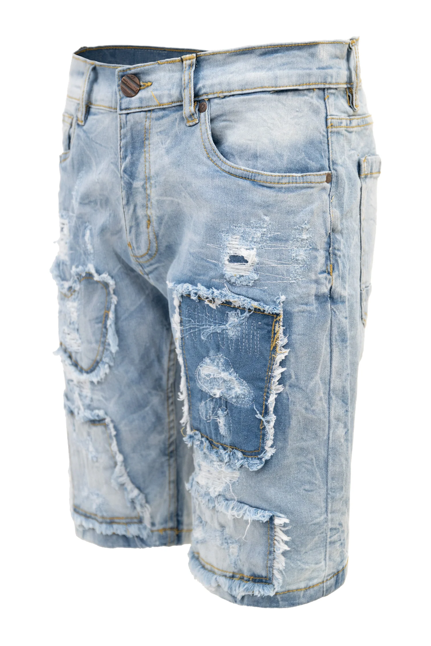 Men's Slim Distressed Patched Operator Denim Shorts - Image 2