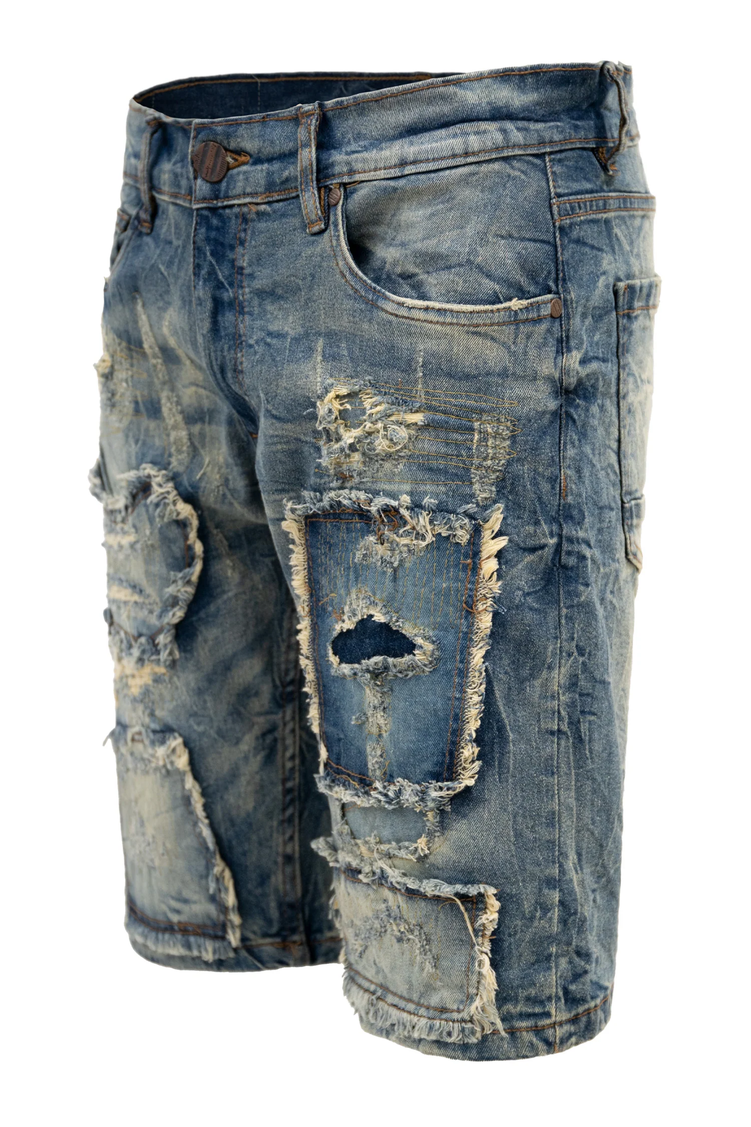Men's Slim Distressed Patched Operator Denim Shorts - Image 7