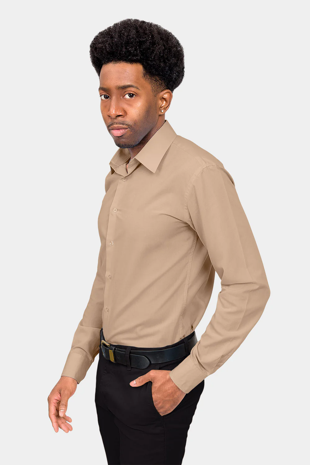Men's Slim Fit Solid Color Dress Shirt (Beige) - Image 3