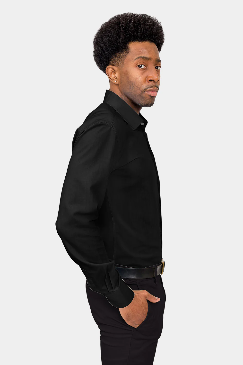 Men's Slim Fit Solid Color Dress Shirt (Black) - Image 5