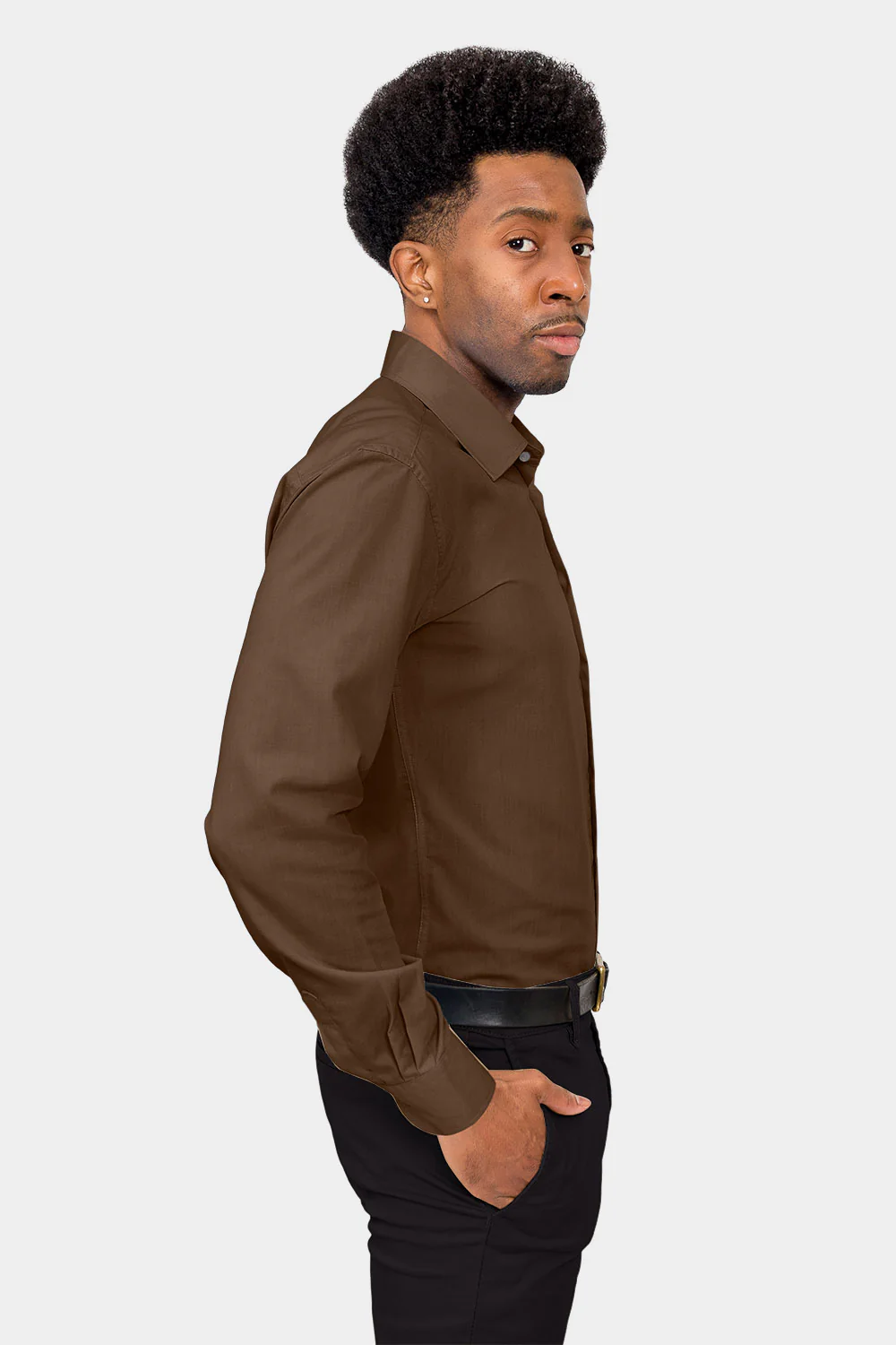 Men's Slim Fit Solid Color Dress Shirt (Brown) - Image 5