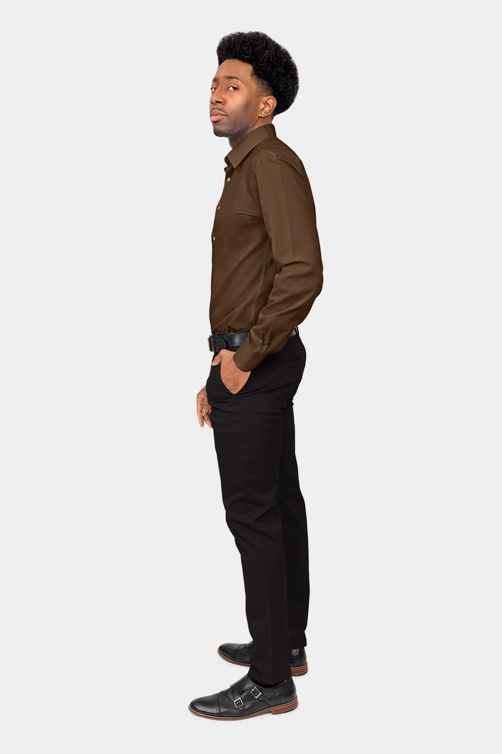 Men's Slim Fit Solid Color Dress Shirt (Brown) - Image 6