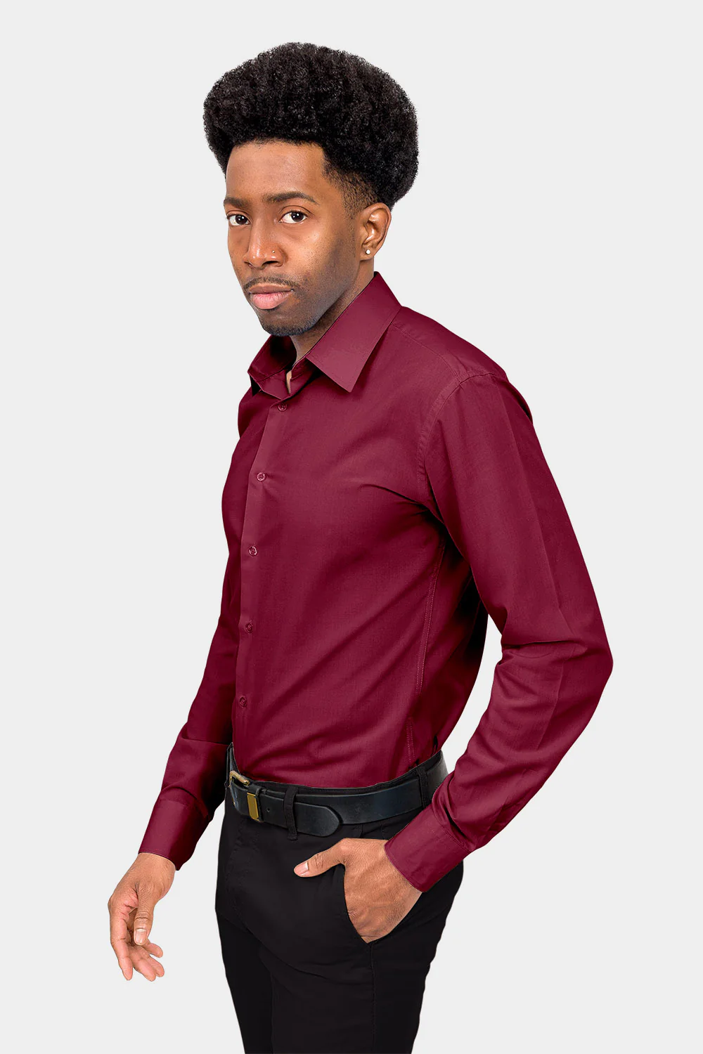 Men's Slim Fit Solid Color Dress Shirt (Burgundy) - Image 3
