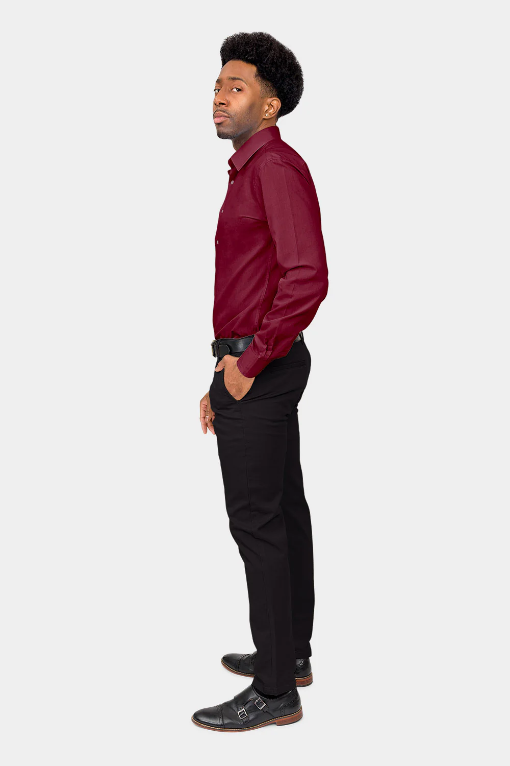 Men's Slim Fit Solid Color Dress Shirt (Burgundy) - Image 6