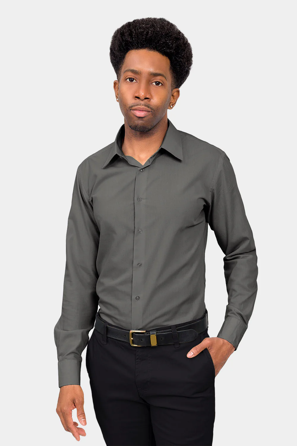 Men's Slim Fit Solid Color Dress Shirt (Charcoal) - Image 2