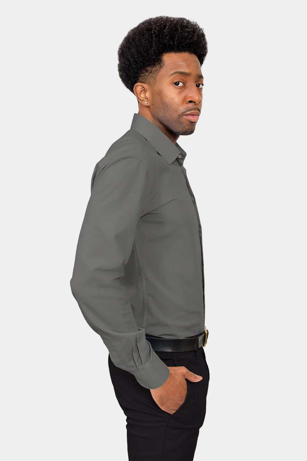 Men's Slim Fit Solid Color Dress Shirt (Charcoal) - Image 5