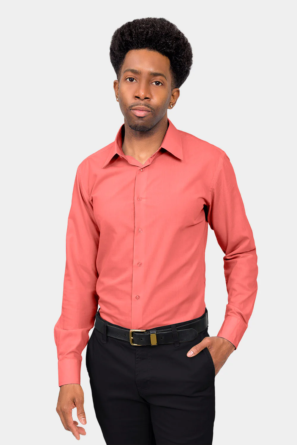 Men's Slim Fit Solid Color Dress Shirt (Coral) - Image 2