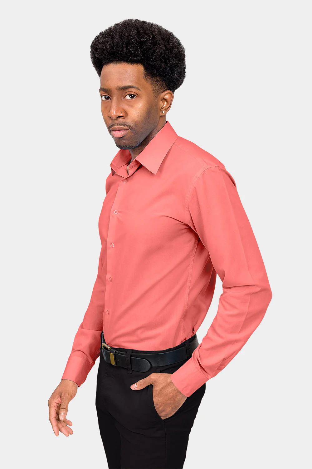 Men's Slim Fit Solid Color Dress Shirt (Coral) - Image 3