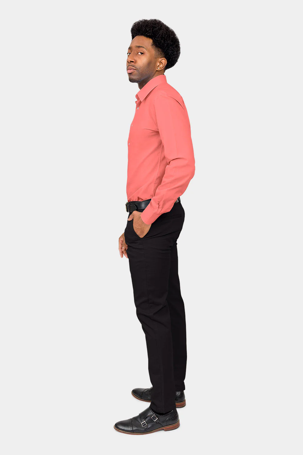 Men's Slim Fit Solid Color Dress Shirt (Coral) - Image 6