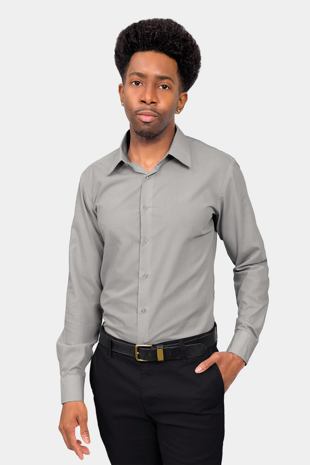 Men's Slim Fit Solid Color Dress Shirt (Grey) - Image 2