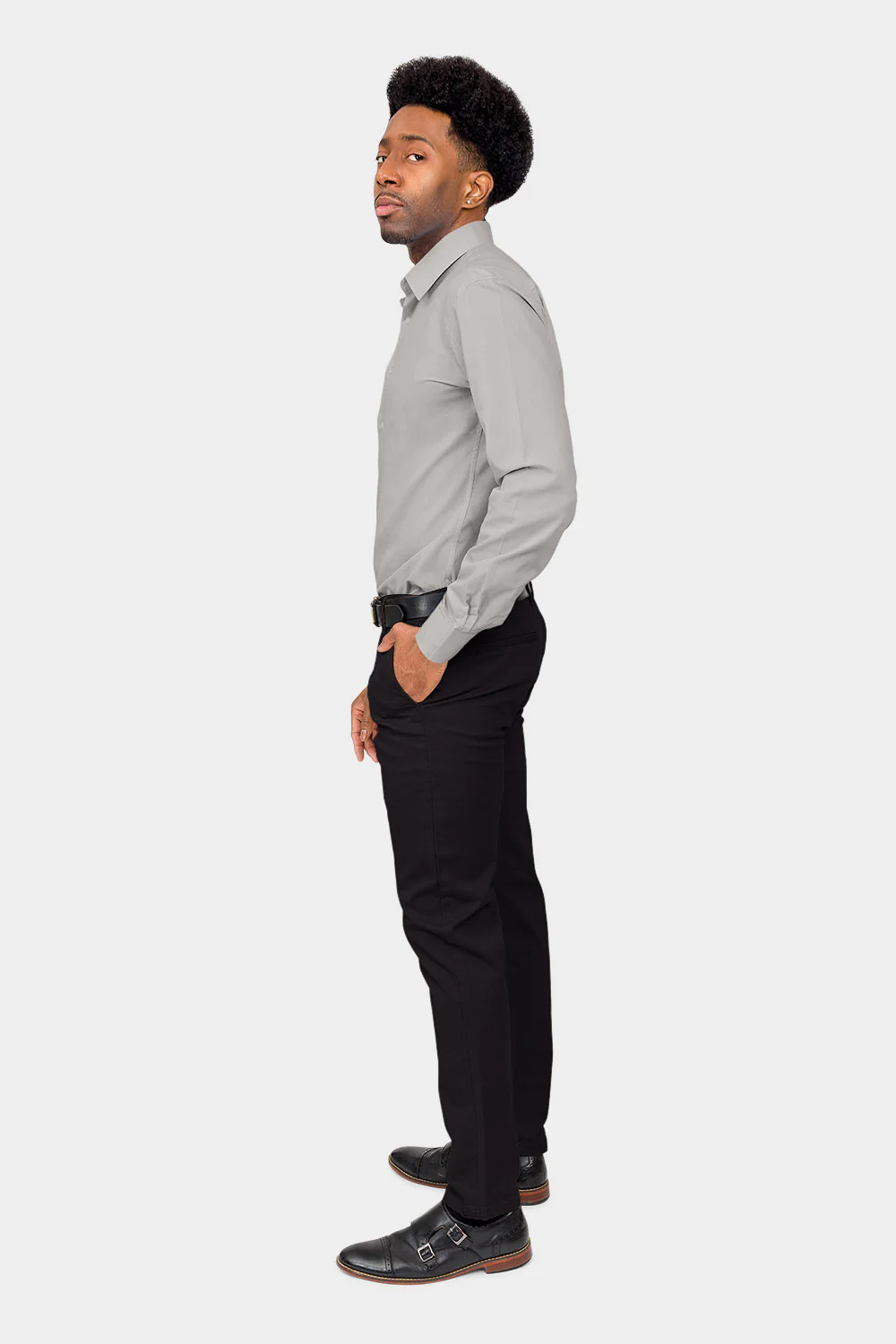 Men's Slim Fit Solid Color Dress Shirt (Grey) - Image 6