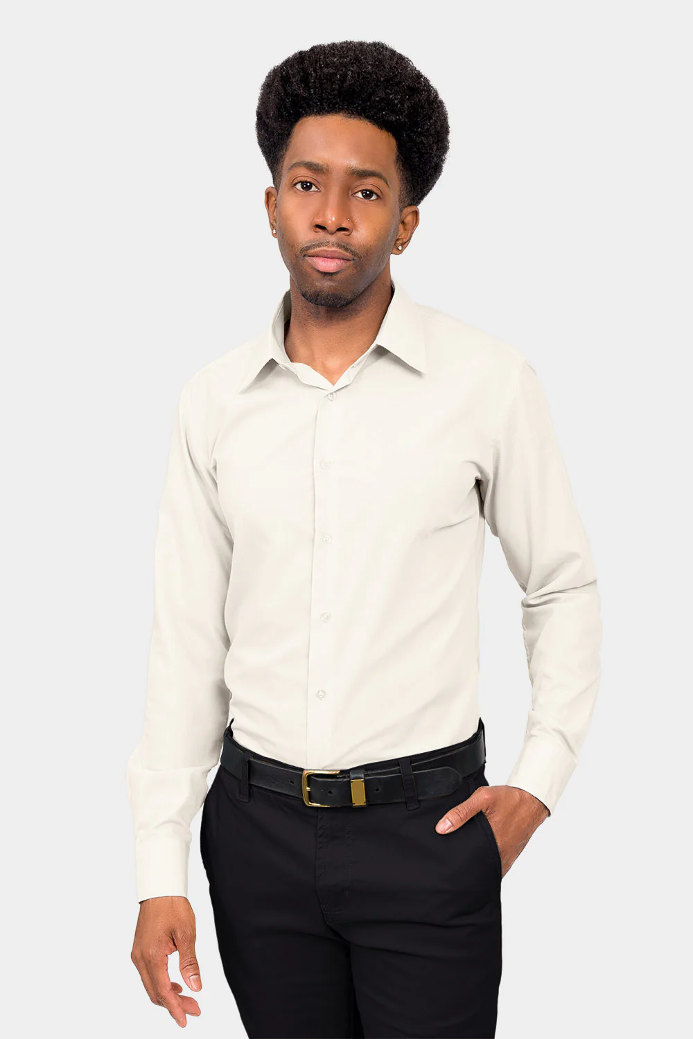 Men's Slim Fit Solid Color Dress Shirt (Ivory) - Image 2