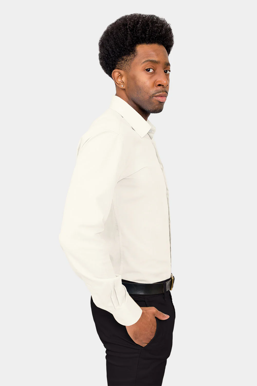 Men's Slim Fit Solid Color Dress Shirt (Ivory) - Image 5