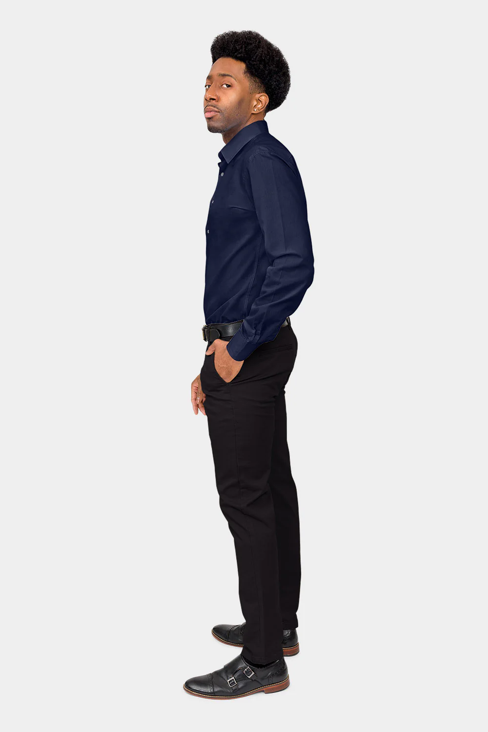 Men's Slim Fit Solid Color Dress Shirt (Navy) - Image 6