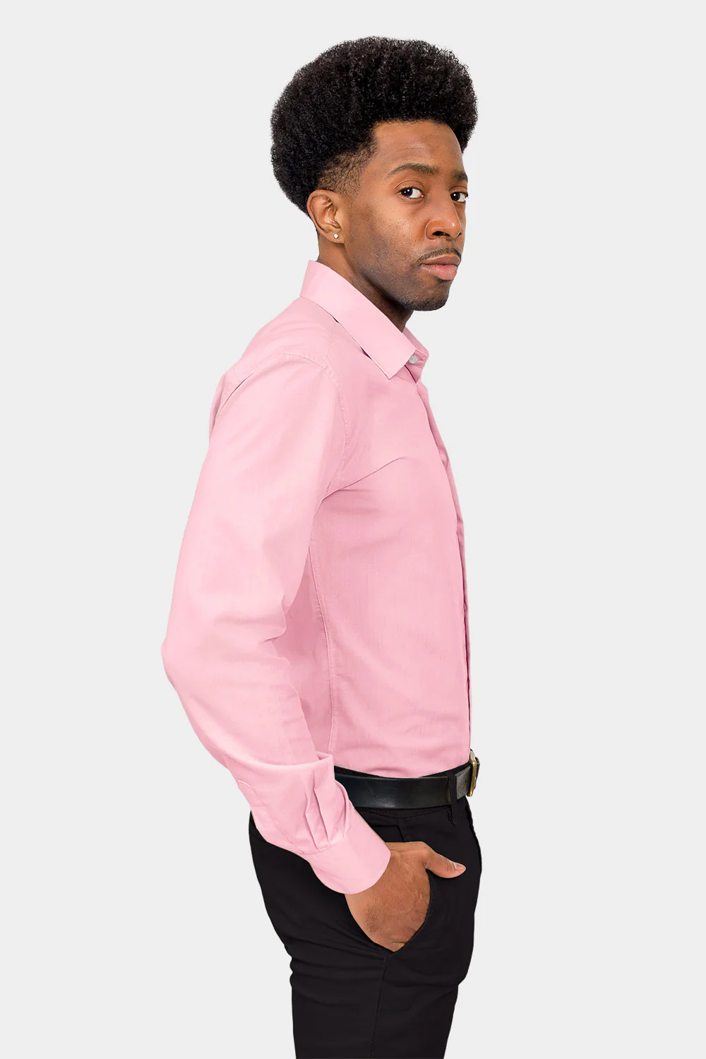 Men's Slim Fit Solid Color Dress Shirt (Pink) - Image 5