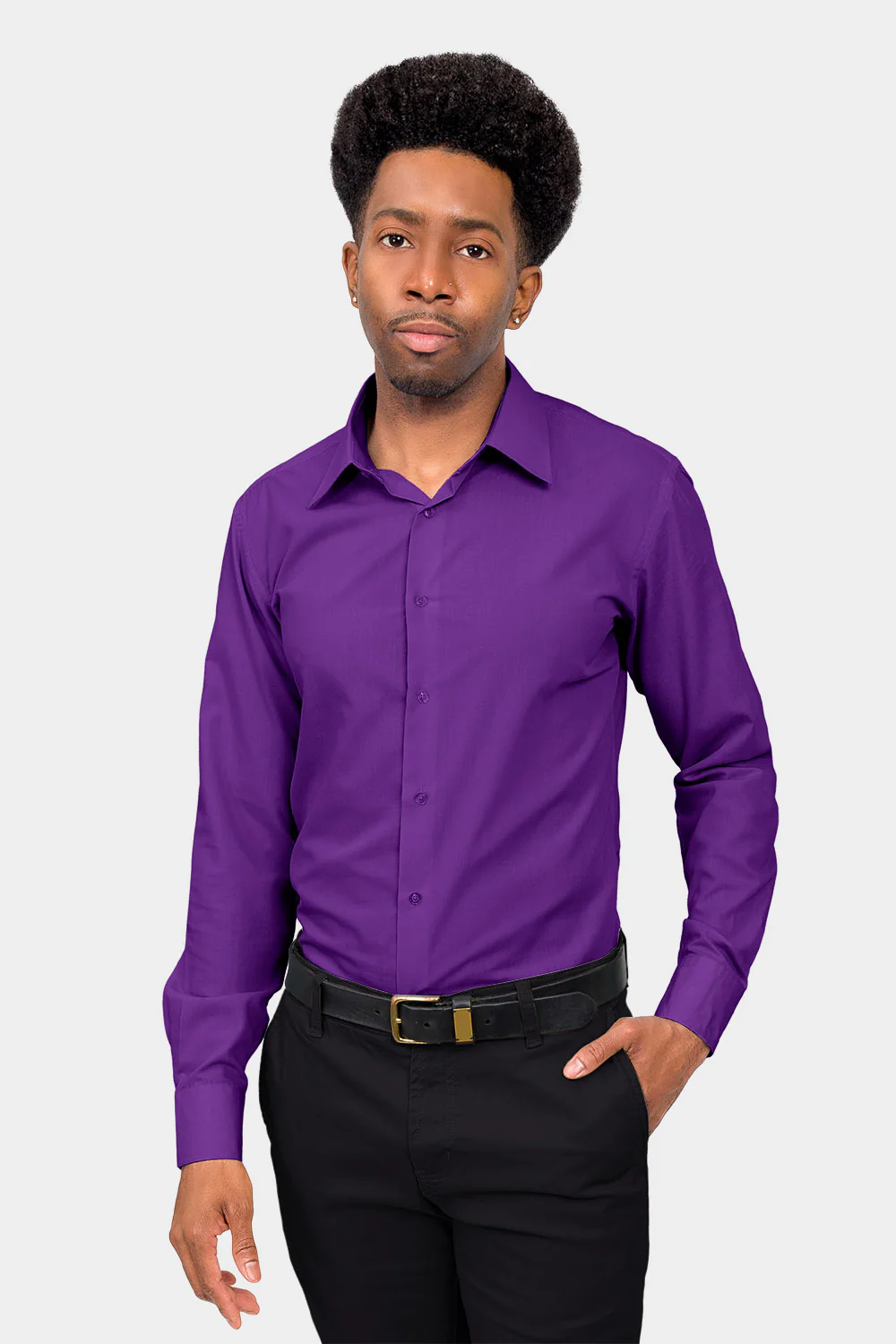 Men's Slim Fit Solid Color Dress Shirt (Purple) - Image 2
