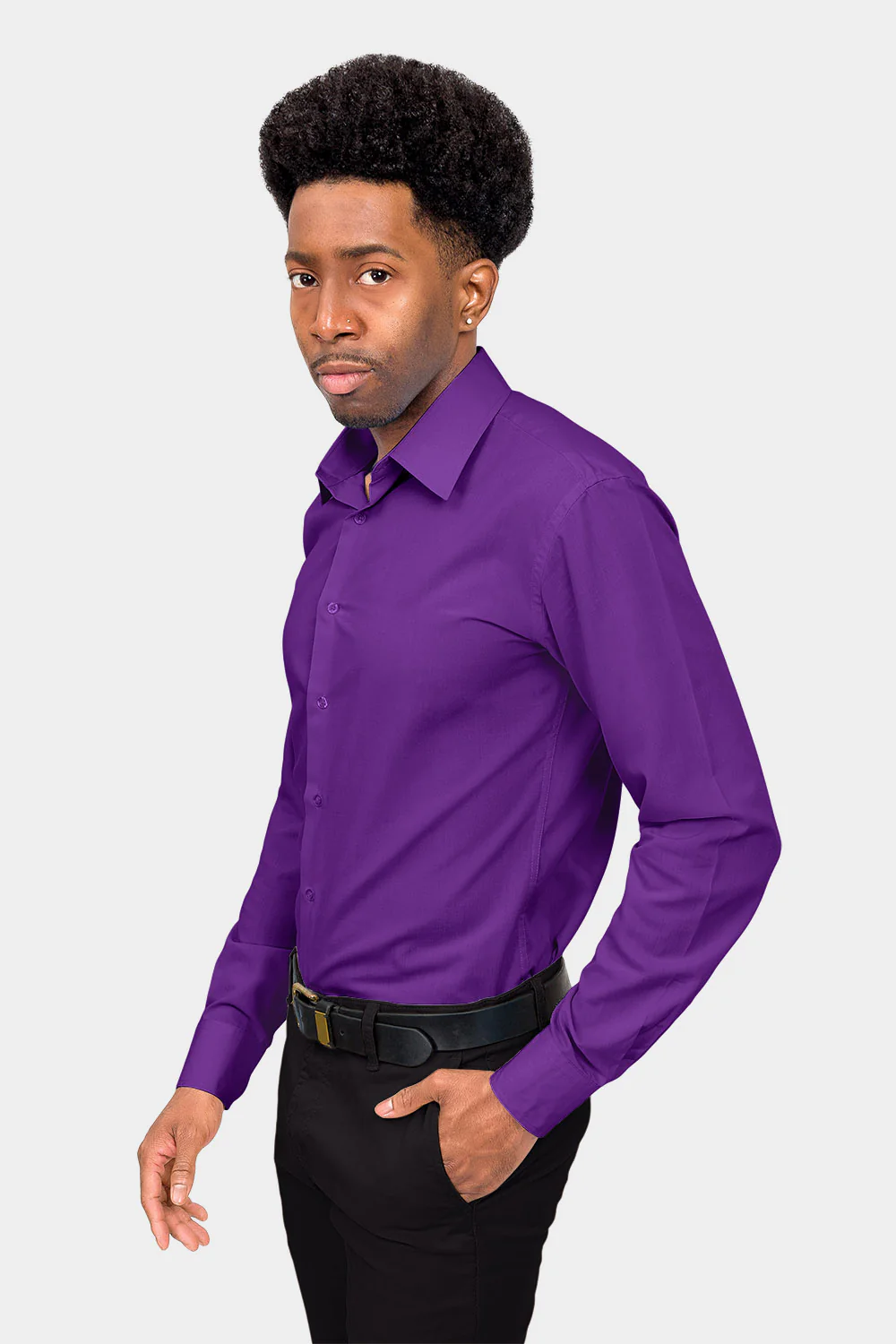 Men's Slim Fit Solid Color Dress Shirt (Purple) - Image 3