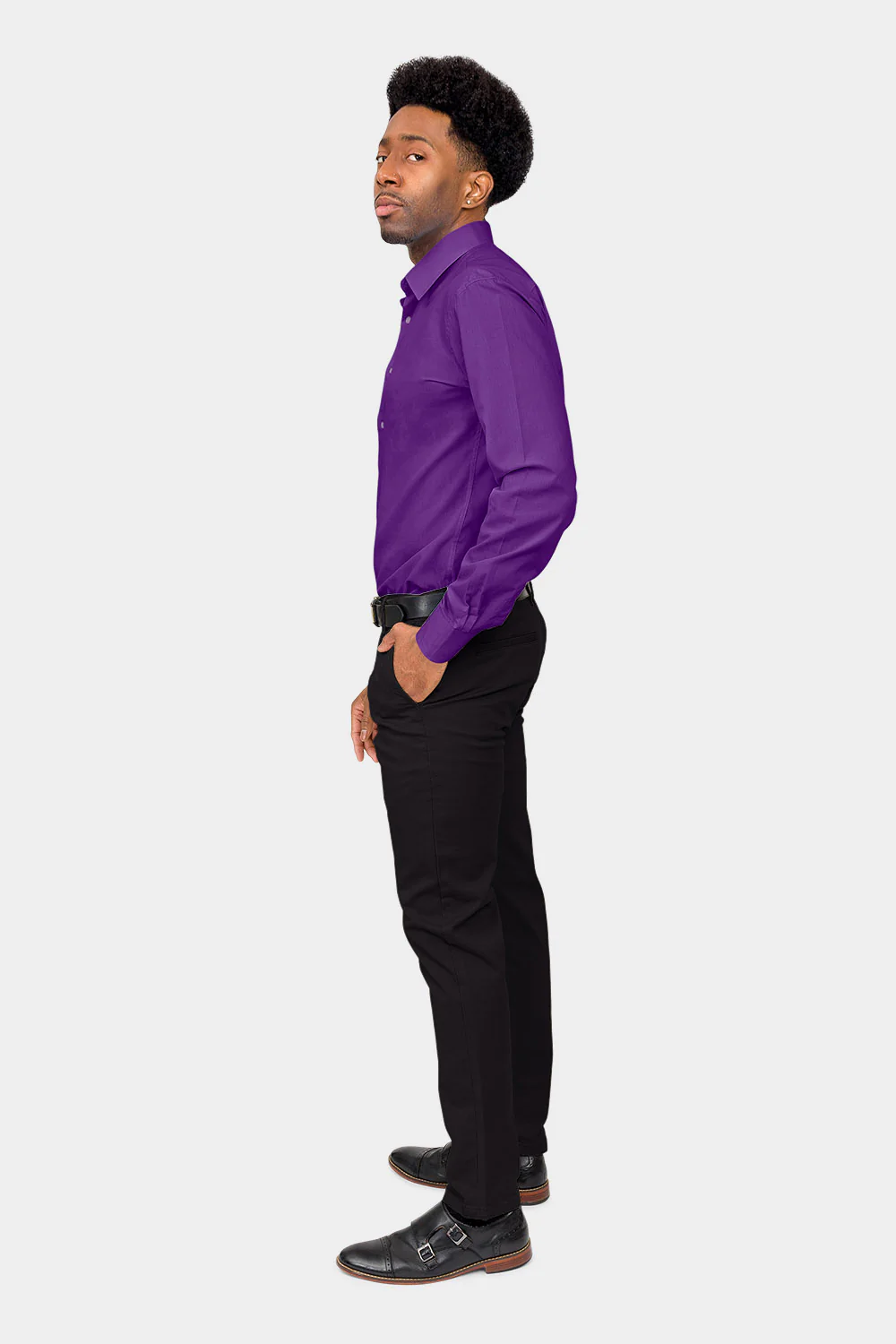Men's Slim Fit Solid Color Dress Shirt (Purple) - Image 6