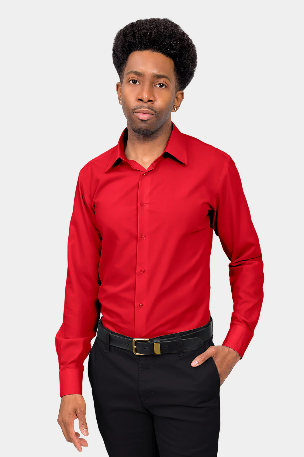 Men's Slim Fit Solid Color Dress Shirt (Red) - Image 2