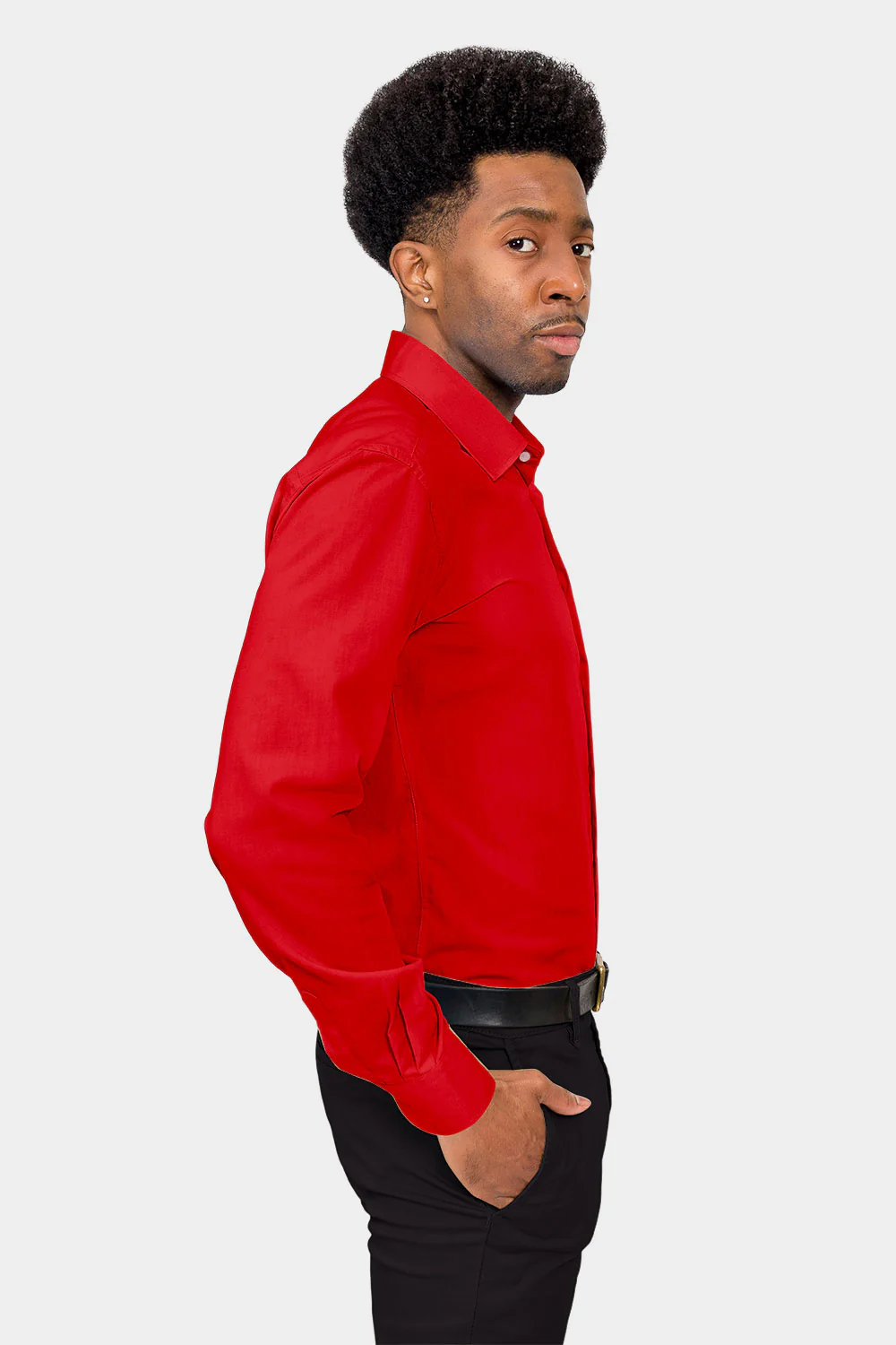Men's Slim Fit Solid Color Dress Shirt (Red) - Image 5