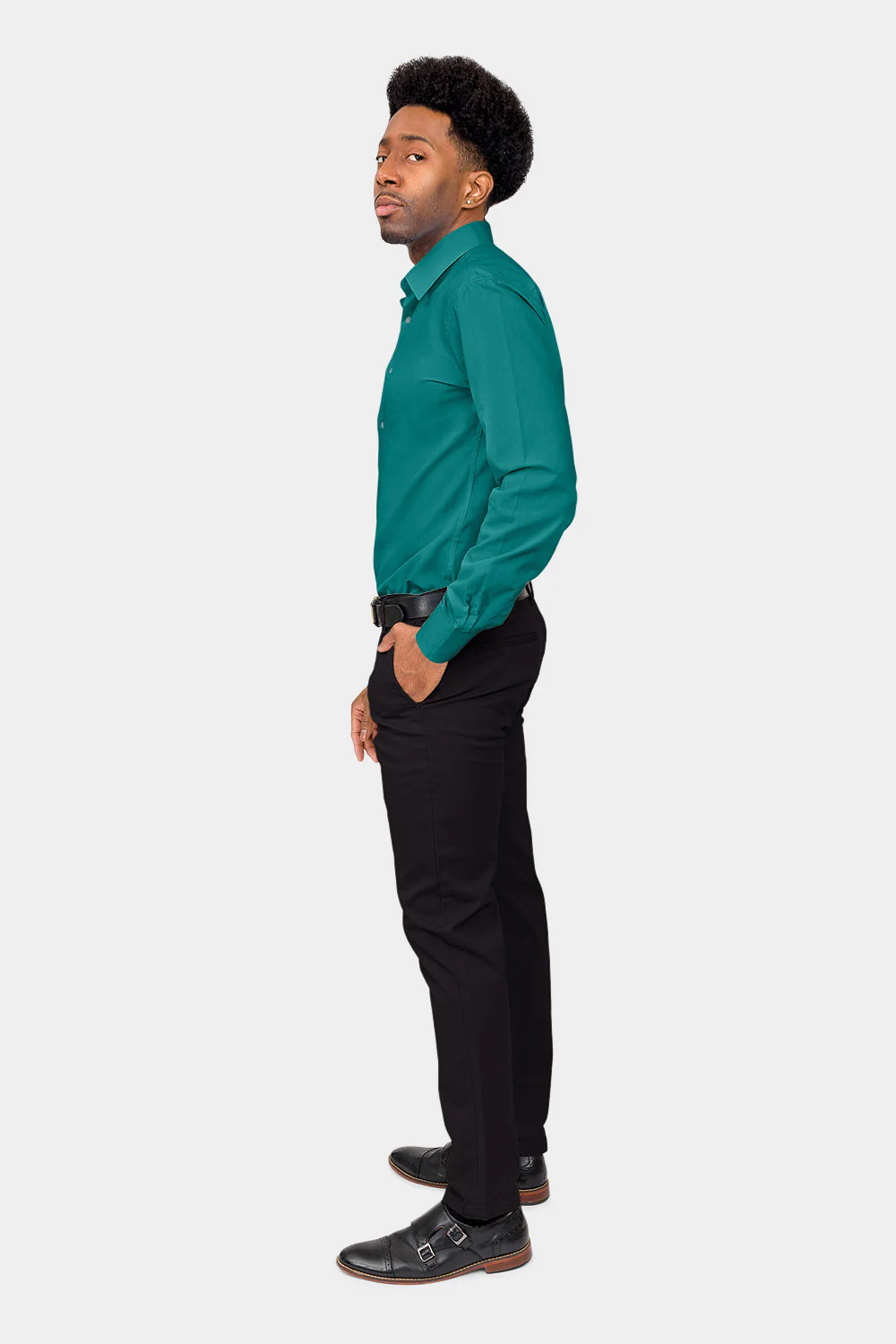 Men's Slim Fit Solid Color Dress Shirt (Teal) - Image 6