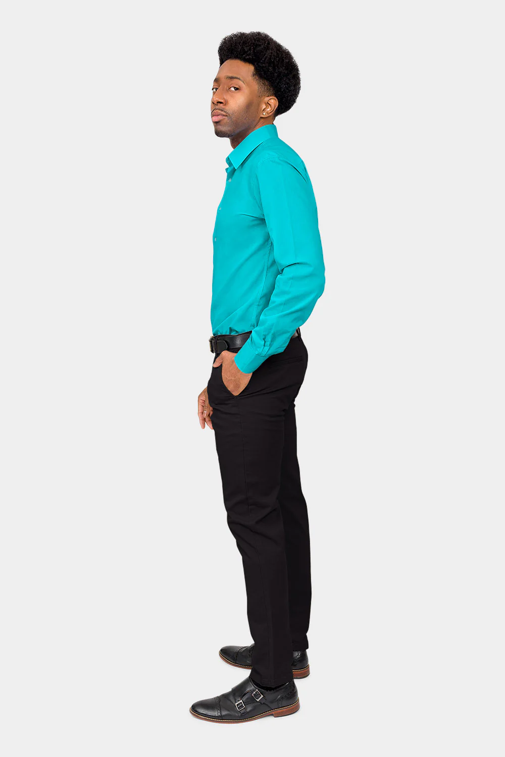 Men's Slim Fit Solid Color Dress Shirt (Turquoise) - Image 6
