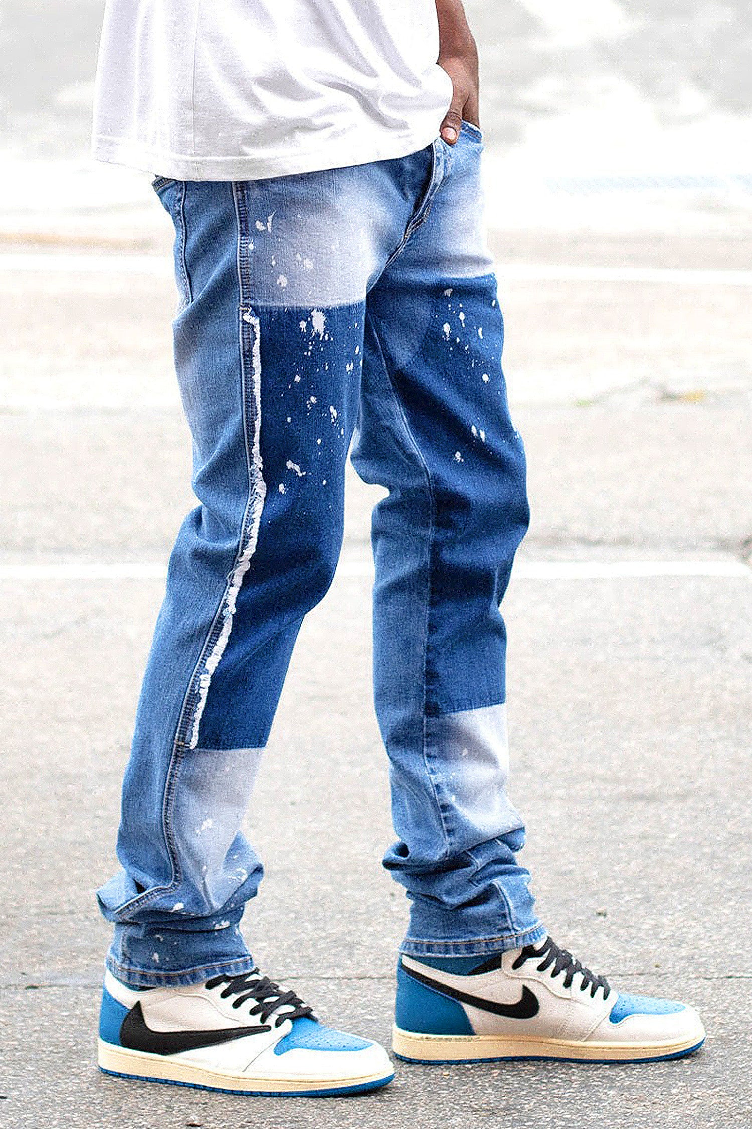 Men's Stacked Fit Repaired Paint Splatter Denim Jeans - Image 6