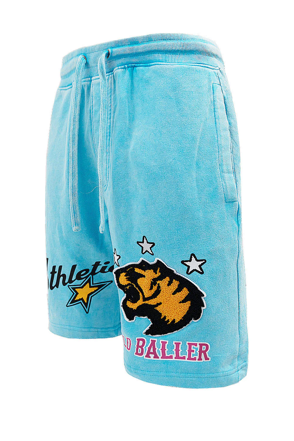 Men's Wild Baller Chenille Patch Acid Washed Graphic Fleece Shorts - Image 2