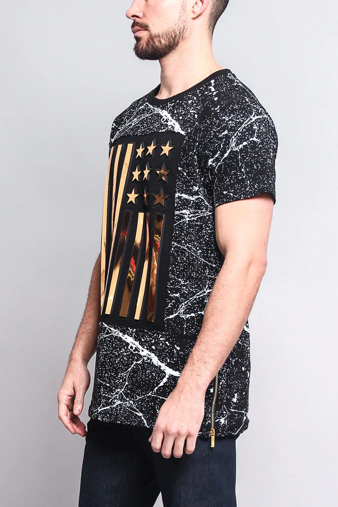 Metallic American Flag Marble Print T-Shirt - Image 3