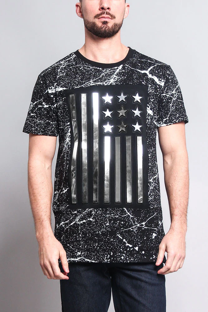 Metallic American Flag Marble Print T-Shirt - Image 7