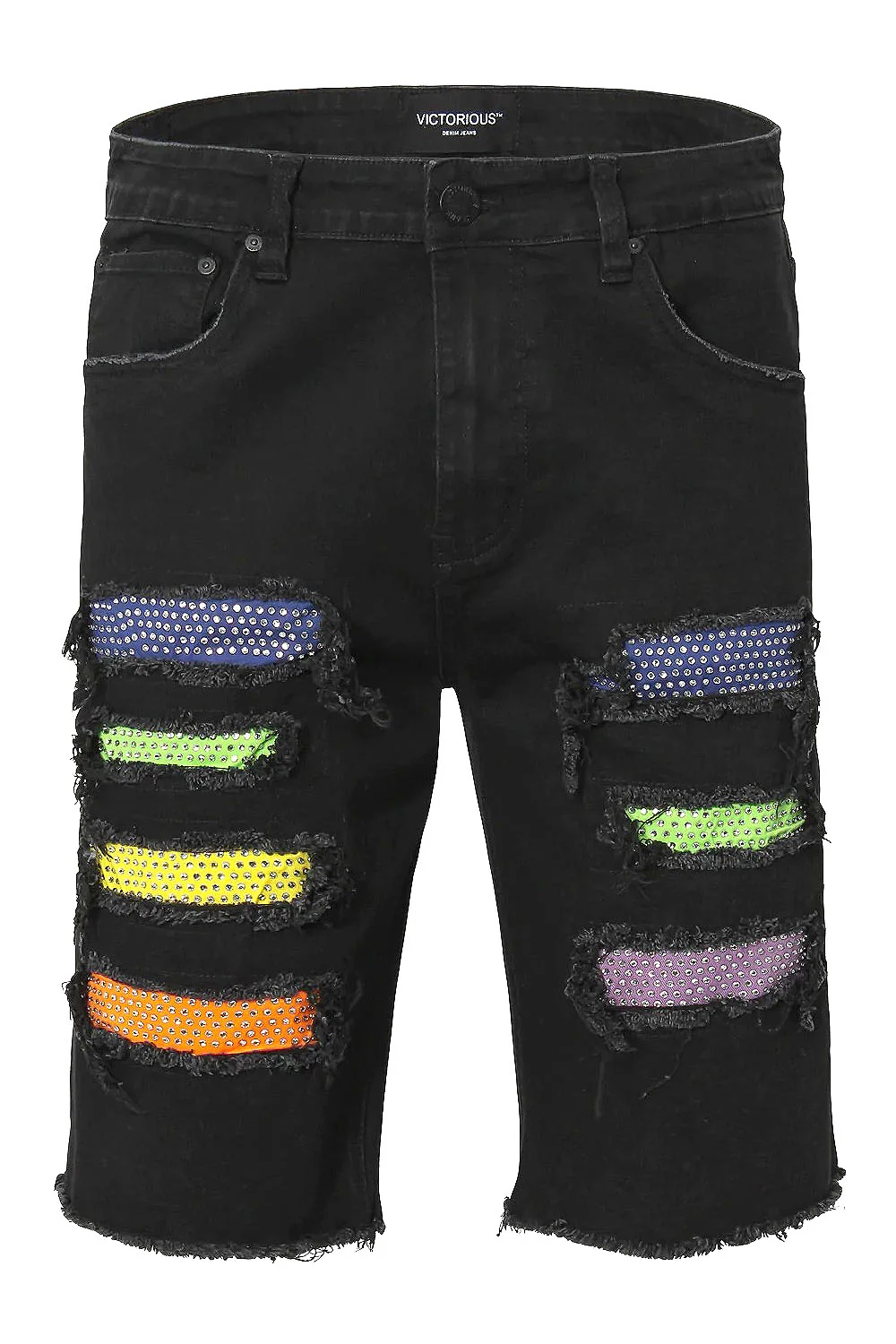 Multi Color Crystal Embellished Denim Shorts - Image 4