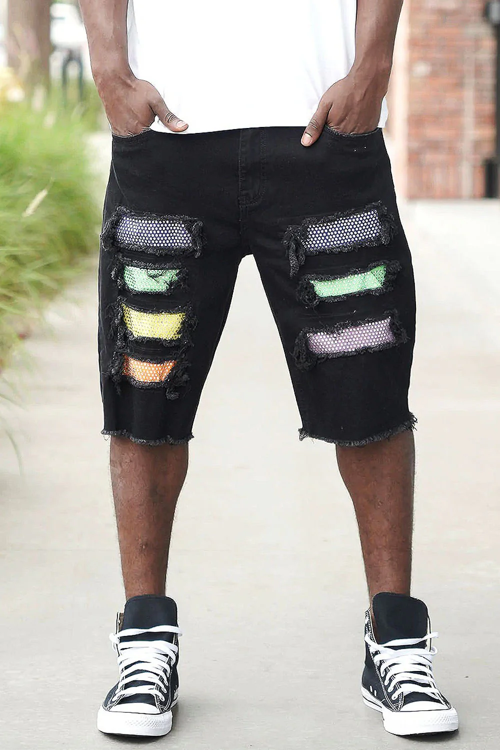 Multi Color Crystal Embellished Denim Shorts - Image 7