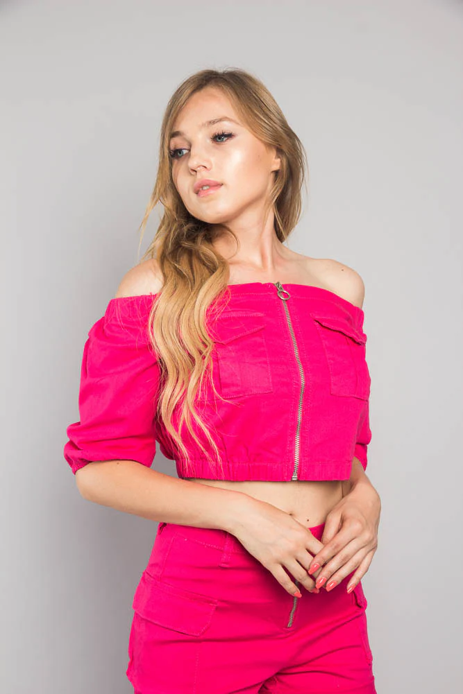 Neon Off the Shoulder Cropped Jacket - Image 4