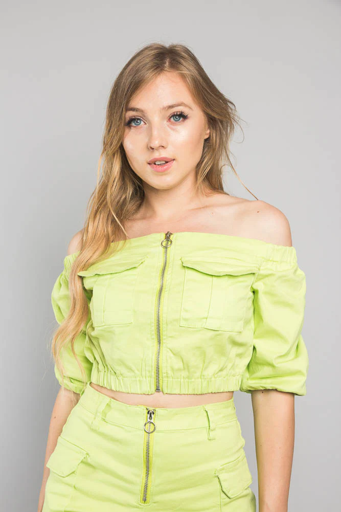 Neon Off the Shoulder Cropped Jacket - Image 6